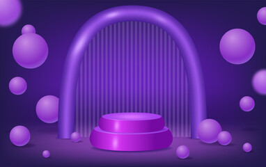 Abstract room with purple pedestal podium, plastic arch shape and floating balls