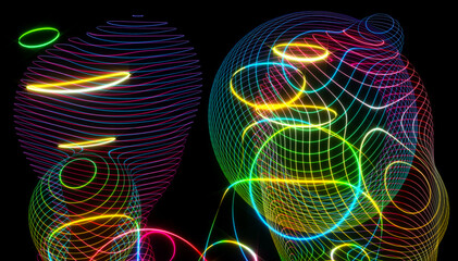 3d render of abstract art with surreal connected festive bubbles spheres based on neon glowing plasma laser parallel round lines in fluorescent illuminated green pink and blue gradient color on black