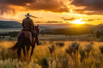 Rolgordijnen zonder boren cowboy on a horse in the field rides against the background of the sunset. breathtaking landscape wallpaper. Generative AI © gankevstock
