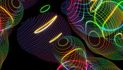 3d render of abstract art with surreal connected festive bubbles spheres based on neon glowing plasma laser parallel round lines in fluorescent illuminated green pink and blue gradient color on black