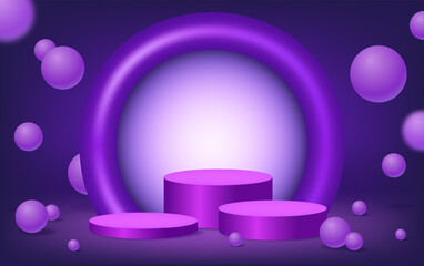 Abstract room with purple pedestal podium, plastic arch shape and floating balls