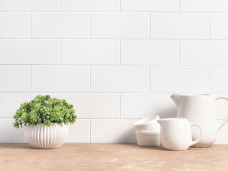 Stylish white kitchen background with kitchen utensils, copy space for text