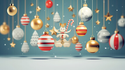 3D design of colorful Christmas decorations and various figures. Merry Christmas wallpaper, background, banner or web design. Seasonal greeting card. Generative AI.