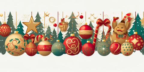 3D design of colorful Christmas decorations and various figures. Merry Christmas wallpaper, background, banner or web design. Seasonal greeting card. Generative AI.