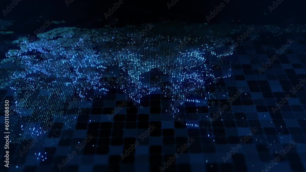Poster slowly changing illumination of a digital map of the earth. movable camera. lights of megalopolises 
