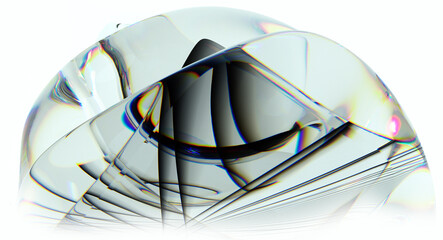 3d render abstract art with part of surreal glass sphere or ball object in deformation transformation process with dispersion rainbow color spectrum prism effect on isolated white background