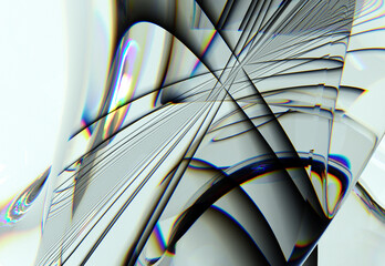3d render abstract art 3d background with part of surreal glass sphere or ball object in deformation transformation process with dispersion rainbow color spectrum prism effect on white