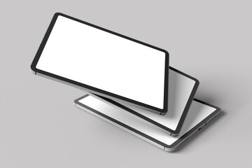 black tablet computer with blank white screen isolated on white background. 3D illustration, 3D rendering. 