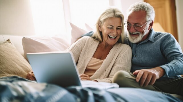 Happy senior couple using laptop and credit card on bed