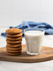 oatmeal cookies, glass of milk, blue towel