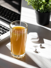 Office supplies on the table. Meeting. Orange juice.