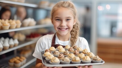 Portrait of a cute girl holding a rack of baked cupcakes
