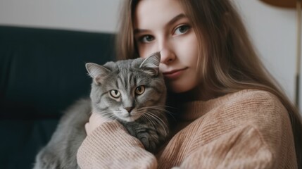 A girl with a cat in her pocket at home
