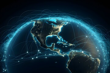 Naklejka na ściany i meble Connecting beams lines around the globe. global network concept. Generative AI