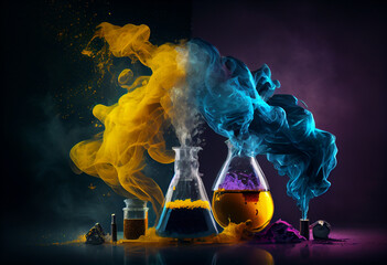 Test-tube with blue and yellow liquid and smoke. Generative AI