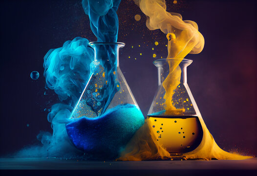 Test-tube with blue and yellow liquid and smoke. Generative AI