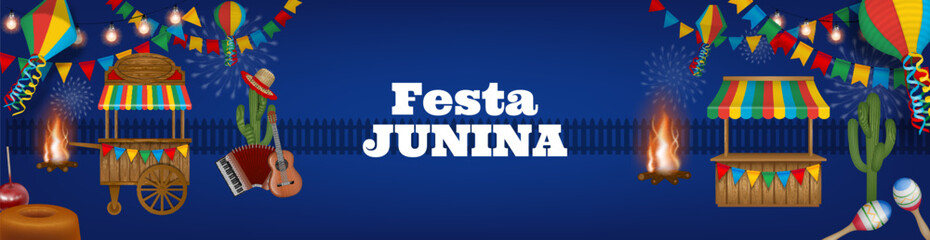festa junina background with colorful lanterns, pennants and stalls. brazilian june festival banner 