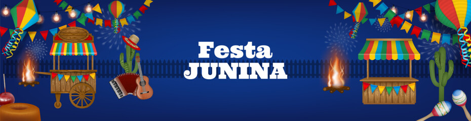 festa junina background with colorful lanterns, pennants and stalls. brazilian june festival banner  