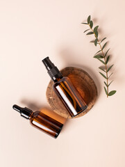 Natural cosmetics in glass bottles. Spa products. Organic, bio, natural cosmetic. Beauty, skincare concept