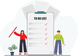 People checking to do list, planning business, management concept, check list for studying, flat vector illustration	 - obrazy, fototapety, plakaty