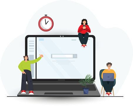 People searching information on the web site at the laptop, downloading files to the computer, surfing internet, freelance work concept, online learning concept, flat vector illustration	