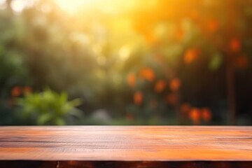 Naklejka na ściany i meble Natural Wooden Tabletop with Summer orange Garden Bokeh Background and Copy Space for Display. Generative AI illustrations.