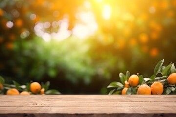 Natural Wooden Tabletop with Summer orange Garden Bokeh Background and Copy Space for Display. Generative AI illustrations.