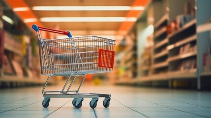Empty shopping cart with supermarket shelves aisle