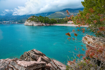 Fototapeta premium Milocer park and beach near Sveti Stefan in Budva