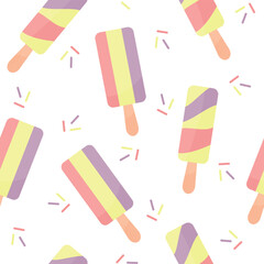 Ice cream seamless pattern. Summer vacation with popsicles, different types of ice cream on a stick. cartoon sweet food vector texture.
Fun and cute wrapping paper.