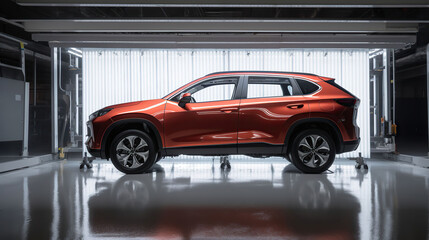 New Car Suv finished by robotic manipulators in manufacturing. Generative AI