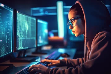 Fotobehang young woman female hacker geek working on cyber security workstation © BORIS