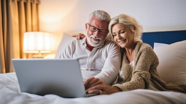 Senior couple using laptop on bed with credit card