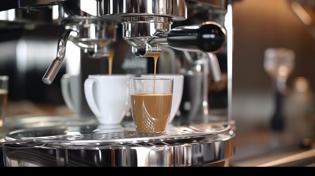 Freshly brewed espresso coffee in a bottomless portafilter