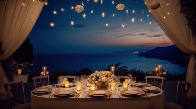 A Night to Remember: Celestial Wedding Theme with Imperial Table Setting and Ocean Vistas with soft candlelight. Generative AI