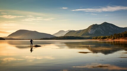 Fisherman fishing on a calm lake with mountains and sky in the background
