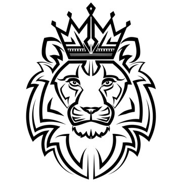 Black and white line art of the front of the lion king head with crown It is sign of leo zodiac Good use for symbol mascot icon avatar tattoo T Shirt design logo or any design © Sakarapap