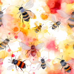 seamless watercolor cute bee hive and yellow bee pattern wallpaper. Created using generative AI tools