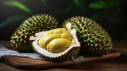 Fototapeta premium Closeup fresh fruit Durian, on the characteristic style background. Generative AI