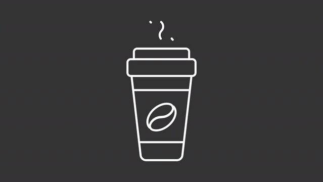 Animated coffee cup white line icon. Latte steaming animation. Hot drink. Takeout beverage. Loop HD video with chroma key, alpha channel, transparent background. Outline motion graphic animation