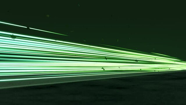 Green speed light trail on road with leaves, renewable energy highway transportation concept, clean eco power car street light at night, zero emission electric vehicle technology 3d rendering