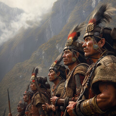 Indigenous Inca warriors standing on a mountain side, Generative AI portrait