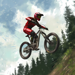 Naklejka premium Downhill Mountain Biker, Generative AI