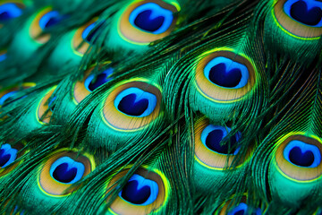 Peacock feathers close up background. Generative ai illustration.