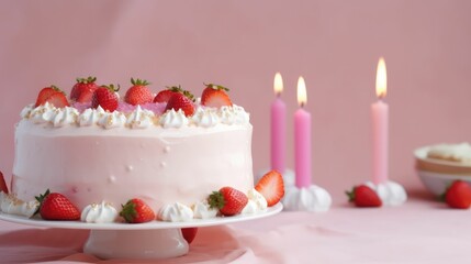 Birthday cake with strawberries and candles