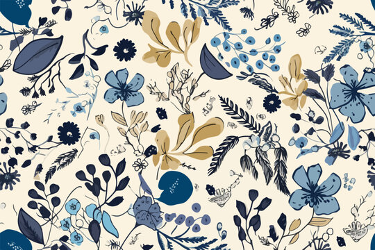Cute hand drawn abstract flowers print. Modern cartoon style pattern. Fashionable template for design. Vintage blue and beige floral seamless pattern on white background