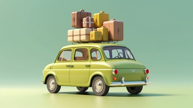 Green car with luggage for summer holidays