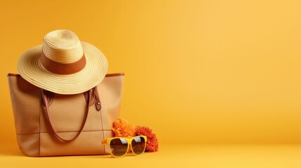 Summer accessories in a bag with flip flops and sunglasses