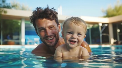 Fototapeta na wymiar Father and toddler son having fun in swimming pool