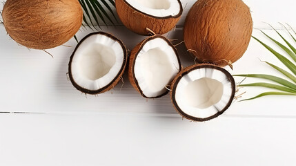 Top view shot of coconuts, whole and cracked on halves, isolated on white background with a lot of copy space for text. Raw fruit of tropical palm. Generative AI